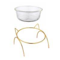 Pet Dog Cat Glass Tilted Elevated Bowl Raised Feeding Dish Food Water Slow Feeder with Metal Stand