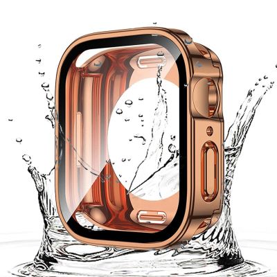 ซองกันน้ำ + กระจกสำหรับนาฬิกา Apple รุ่น8 7 6 SE 5 4 3 2ชิ้นกรอบตะเข็บขอบตรงนิรภัยแบบเต็มกรอบสำหรับ I Watch 45มม. 40มม. 44มม. 41มม.