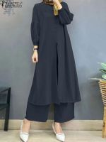 2023 ZANZEA Vintage Muslim Suit 2PCS Long Sleeve Blouse Wide Leg Pant Woman Casual Loose Matching Sets Femme Urban Tracksuits