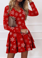 Christmas Dress Women Long Sleeve V-neck Snowflake Print Dresses 2021 New Holiday Casual Party Ladies Mini Dress Plus Size S-5XL