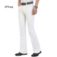 【CW】Free Shipping Business Casual Mens Jeans Trousers Mid Waist Elastic Slim White Boot Cut Semi-Flared Bell Bottom Denim Pants