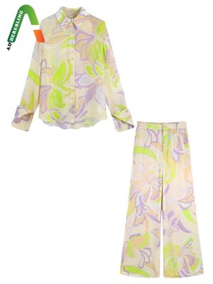 Adherebling Casual 2022 Summer Women Traf Floral Print Suits Lightweight Long Sleeve Shirt + Straight Pants Tall 2 Piece Sets