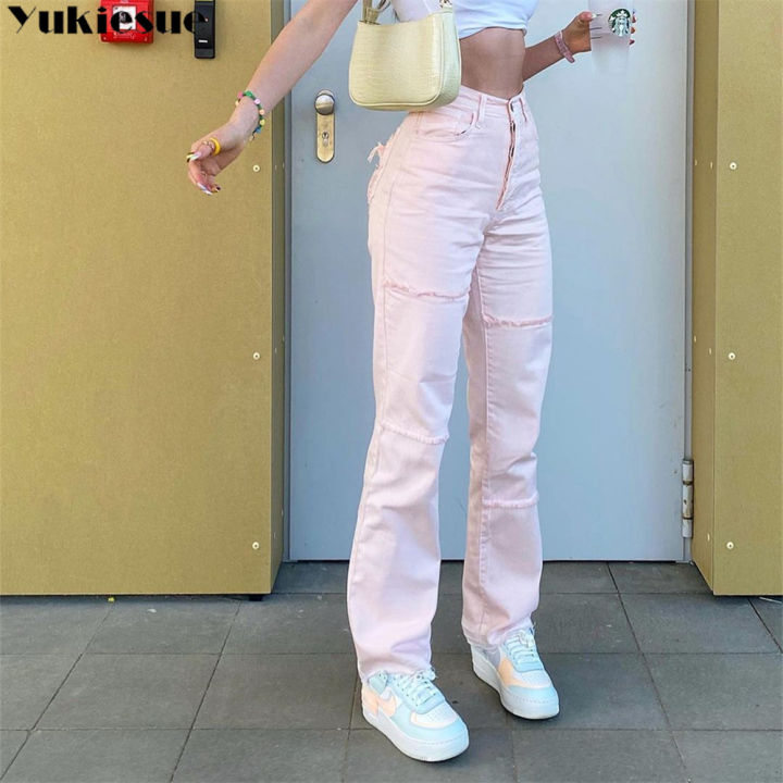 กางเกงยีนส์ของผู้หญิงกลางเอวใหม่2022ฤดูร้อนสีชมพู-streetwear-แฟชั่นเกาหลีถุงขากว้างกางเกงลำลองแม่กางเกงยีนส์ตรง