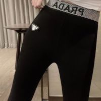 New Prada Leggings in Autumn and Winter Black Tight Metal Triangle Spot Leggings Rhinestones Foreign Trade.