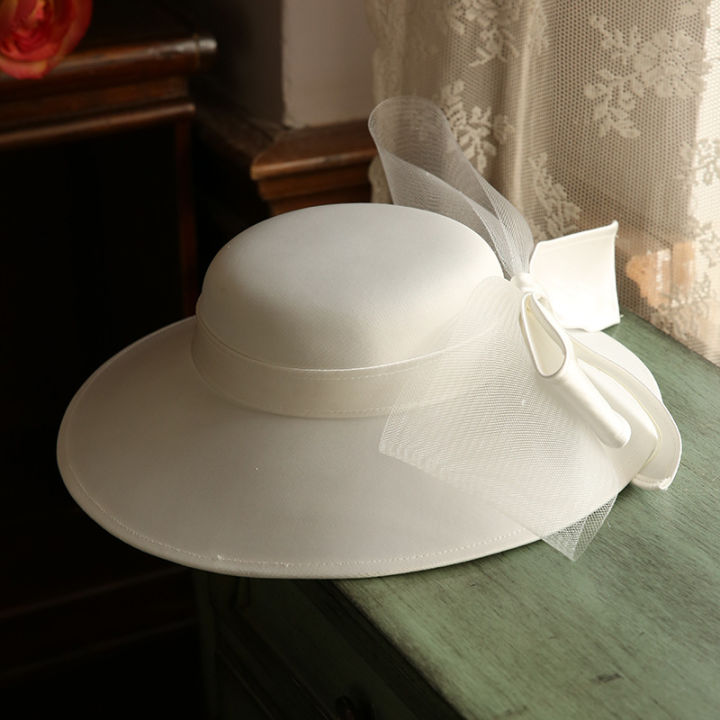 autumn-winter-french-ladies-white-bownot-satin-top-hat-women-banquet-elegant-fedora-female-vintage-fashion-wedding-beret