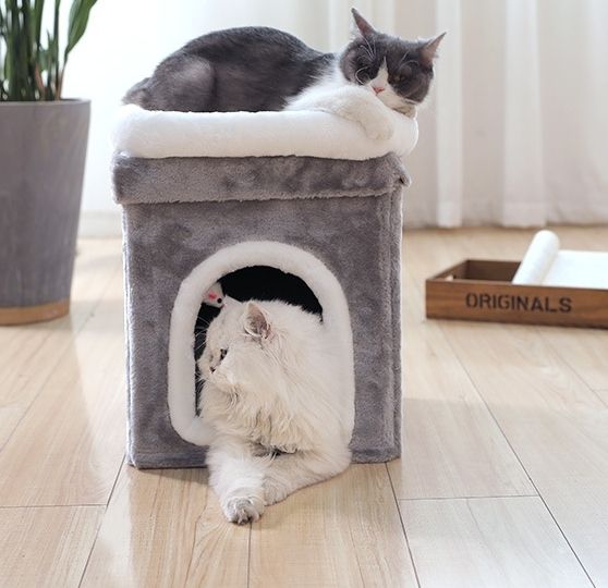 neko-care-ที่นอนแมว-แบบกล่อง2ชั้น-บ้านแมวแบบทรงสี่เหลี่ยม-คอนโดแมว-2ชั้น-บ้านแมว-แบบทรงตึก2ชั้น-นอนได้-2-ตัว-ขนาด-42x31x31ซม-สีเทา