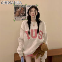 CHU MAN JIA 260G เสื้อกันหนาวบางผ้าฝ้าย100% สำหรับเสื้อผู้หญิงคอกลมปักตัวอักษรและแถบด้านหลัง