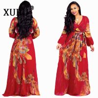 2 XURU 2020 Wanita Chiffon Dicetak Gaux Lengan Legher V เข็มขัด Longgar Gaun Kasual Pantai Long Gaun Maxi Jubah S-5XL