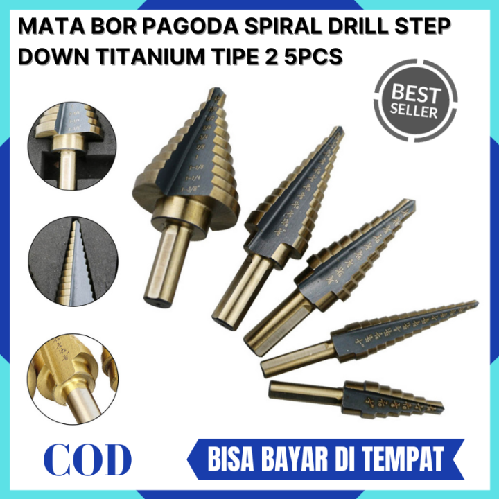 [ 5PCS ] Mata Bor Besi Baja Asli 1 Set Komplit Pagoda Spiral Drill Step ...