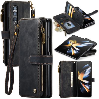「Enjoy electronic」 for Samsung Galaxy Z Fold 3/4 Wallet CaseDurable PU Leather Magnetic Wallet Flip Lanyard Strap Wristlet Zipper Card Holder Case
