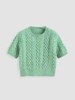 HOT”Cider Solid Cable Knit Beaded Top เสื้อแขนสั้นผู้หญิง เสื้อไหมพรมแฟชั่นผญ ลุคสตรีท สไตล์เกาหลี