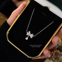 925 Sterling Silver Water Drop Zircon Bow Pendant Necklace For Women Girl High Quality Light Luxury Wedding Party Jewelry