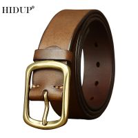 HIDUP 100% Pure Cowhide Solid Brass Buckle Belt For Men Jeans Accessories 3.8Cm Wide NWJ1230