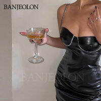 BANJEOLON ชุดสีทึบ Halter สายสะพายไหล่เพชร กระโปรงสวิงกิ้งหนัง เซ็กซี่ Halter กระโปรง BAN257