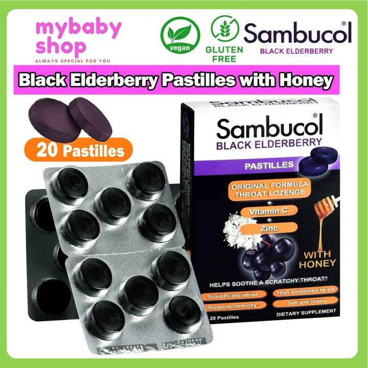 Sambucol Black Elderberry Pastilles Sore Throat Lozenge with Vitamin C Zinc Honey Soft & Chewy