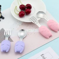 Childrens Spoon Baby Short Handle Silicone Spoon Fork Stainless Steel Feeding Spoon Tableware Set Cartoon Cat Carrot Spoon Fork Bowl Fork Spoon Sets