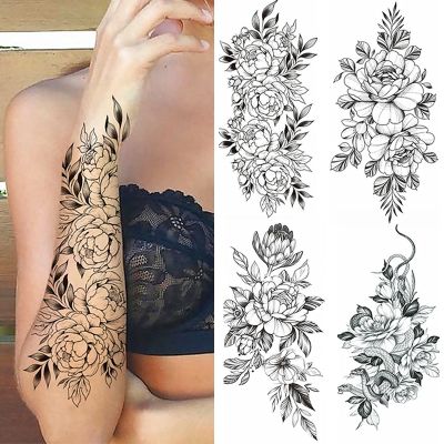 Black Flower Temporary Tattoos Sticker Arm Sleeve Rose Moon Butterfly Snake Henna Body Decorate Realistic Fake 3D Women Totem