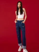 MOTTOM - LISA JEANS กางเกงทรงคาร์โก้ เอวต่ำ ผ้าไม่ยืด