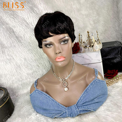 Bliss Human Hair Short Wigs Pixie Cut Wigs with Bangs Natural Slight Wavy Brazilian Human Hair Wig