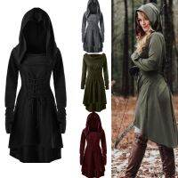 Medieval Women Archer Costume Long Sleeve Hooded Pixie Cosplay Dress Renaissance Femal Hunter Larp Robe Bandage Plus Size S-4XL