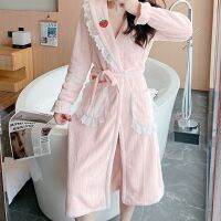 [Xiaoli clothing] สีชมพู Flannel Robes สำหรับผู้หญิงหนาฤดูหนาว Warm เสื้อคลุมอาบน้ำกำมะหยี่ชุดชั้นในเซ็กซี่ชุดนอนเพื่อนเจ้าสาว Femme ชุดนอน Home Lounge