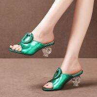 2024 New Fashion Versatile Green Baotou Cool Slippers Womens Rhinestone High Heel Bag Buckle Slippers Half Support Sandals Women