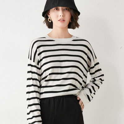 2022 Autumn and Winter New Korean-style Round Neck Wool Striped Base Sweater Womens Long-sleeved Loose Knit Sweater Womens Thin Inner 2023