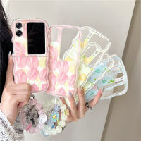 เคสลายคลื่นสำหรับออปโป้ไฟนด์ N2ฝาพับนิ่ม TPU ลายดอกไม้น่ารักดอกทิวลิปกันตกฝาปิดมีสายรัดข้อมือป้องกัน