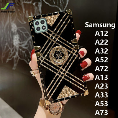 JieFie สำหรับ Samsung Galaxy A12 / A22 / A32 / A52 / A72 / A13 / A23 / A33 / A53/A73หรูหรา Electroplated สแควร์เคสโทรศัพท์ดีไซน์ใหม่ Bling ลายสก๊อตฝาครอบโทรศัพท์ลายการ์ตูนน่ารัก + ผู้ถือแหวน