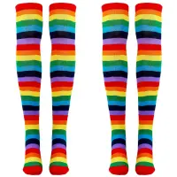 4X Colorful Rainbow Striped Socks Over the Knee Clown Striped Costume High Stockings for Halloween Cosplay Parties