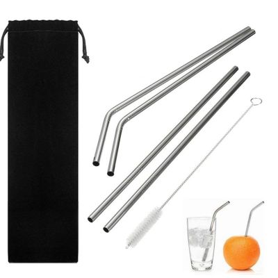 Drinking Straws Reusable Stainless Steel Straws Set of 5, 2pcs 10.5 inch Bendy Straws+ 2pcs 10.5 inch Straight Straws+1pcs 9.5 inch Cleaning Brush