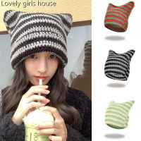 【♡Lovely girls house♡】หมวกหมวกบีนนี่ญี่ปุ่นใหม่สำหรับผู้หญิง2023หมวกอบอุ่นน่ารักสำหรับฤดูหนาวหมวกขนสัตว์แบบถักลายทางปีศาจน้อย