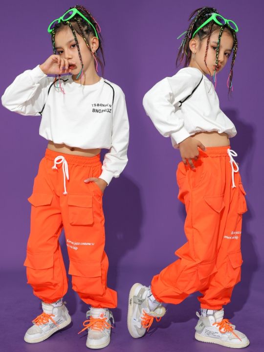 2023-kids-jazz-dance-costume-girls-crop-tops-orange-cargo-pants-hip-hop-clothes-modern-dance-performance-suit-kpop-outfit-bl9901