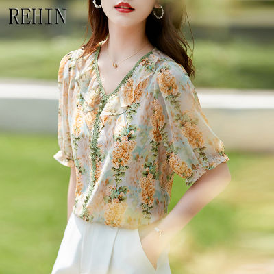 REHIN ชุดเสื้อชีฟองแขนสั้นลายดอกไม้อินเทรนด์คอวีเสื้อสตรีแฟชั่นสไตล์ใหม่ฤดูร้อน