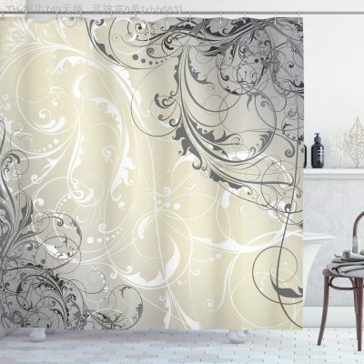 【CW】►  Floral Shower CurtainBaroque Swirled Branches Curved Leaves Shabby PatternFabric SetHooks