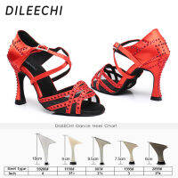 DILEECHI Latin Dance รองเท้าผู้หญิงสีเขียวสีแดงซาติน Rhinestones สุทธิ Salsa Party บอลรูมเต้นรำรองเท้าคิวบาส้นนุ่ม Outsole