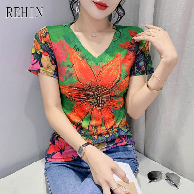 REHIN เสื้อยืดแขนสั้นคอวีสำหรับผู้หญิง,เสื้อสตรีพิมพ์ลายแฟชั่นเสื้อผู้หญิงอินเทรนด์แบบยืดได้