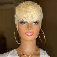 Honey Blonde Wig Short Wavy Bob Pixie Cut Full Machine Made Non Lace Human Hair Wigs With Bangs For Black Women Remy