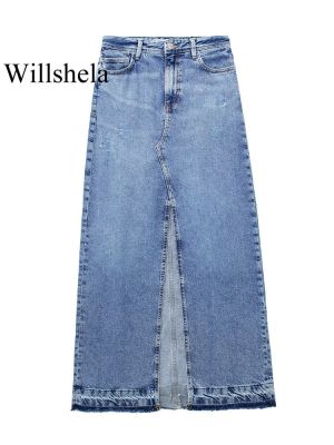 Willshela กระโปรงผ้ายีนส์สำหรับผู้หญิง,กระโปรงผ้ายีนส์กระโปรงแม็กซี่ผ้าชิฟฟอนกระโปรงยาวสีพื้นสีฟ้าแฟชั่นสำหรับผู้หญิง