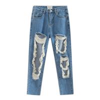 Plus Size Big Holes Ripped Jeans For Women High Waist Boyfriend Jeans Distressed Destroyed Jeans Women Street Rock Hip H