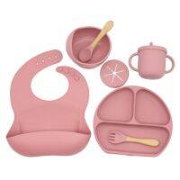 New Baby Silicone Tableware Set Dining Plate With Sucker Antislip Saucer Bowl Bibs Spoon Fork Sippy Cup Kids Training Dishes