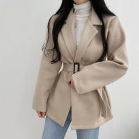 Womens Woolen Jacket Coat Sash Tie Up Overcoat Slim Apricot Coats Korean Style Wind Winter Coat Autumn Elegant Outerwear