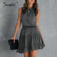 ZZOOI Simplee Summer sleeveless boho dress Solid ruched high waist v neck summer dress casual ruffled cotton chic plus size dress 2020