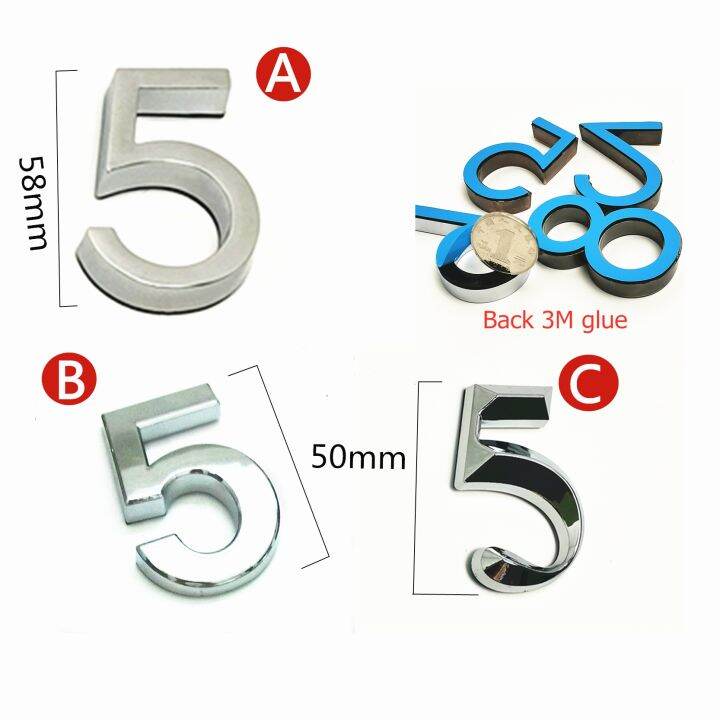 House Number Stickers 5CM Door Plate Glossy Silver 3D Self Adhesive