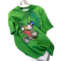 2022 Summer Cute Catoon Fancy Embroidery Duck Popular Green Casual Sporty Yoga Preppy Cotton Women Tee T-Shirts Female Tops