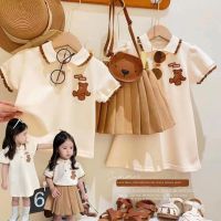 2023 Summer Korea Kids Clothes for Girls Cute Bear Polo T-shirt + Pleated Skirt 2 Piece Suit Baby Girls Strawberry Polo Dress  by Hs2023