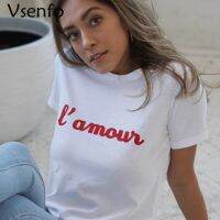 แฟชั่นสำหรับผู้หญิงเสื้อยืดฝรั่งเศส Amour เสื้อยืดลำลองผ้าฝ้ายพิมพ์ลายตัวอักษรสีแดง Baju Love เสื้อยืดสตรีปารีสสำหรับสตรี