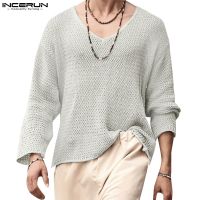 ✤❁ Incerun เสื้อยืด แขนยาว คอวี ทรงหลวม สีพื้น 4 สี สําหรับผู้ชาย