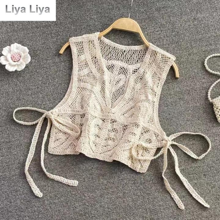 liya-เสื้อกล้ามปักลายชายหาดแขนสั้นแขนกุดลึกคอวีเสื้อถักโครเชต์เสื้อเสื้อคาร์ดิแกนฝ้ายหูกระต่ายชุดชั้นในสตรี
