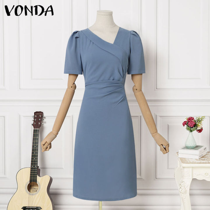 จัดส่งฟรี-fancystyle-vonda-ผู้หญิงธุรกิจชุดเดรสคอวีสง่างามแบบลำลองแขนสั้นจีบรอบชุดเดรสมิดี